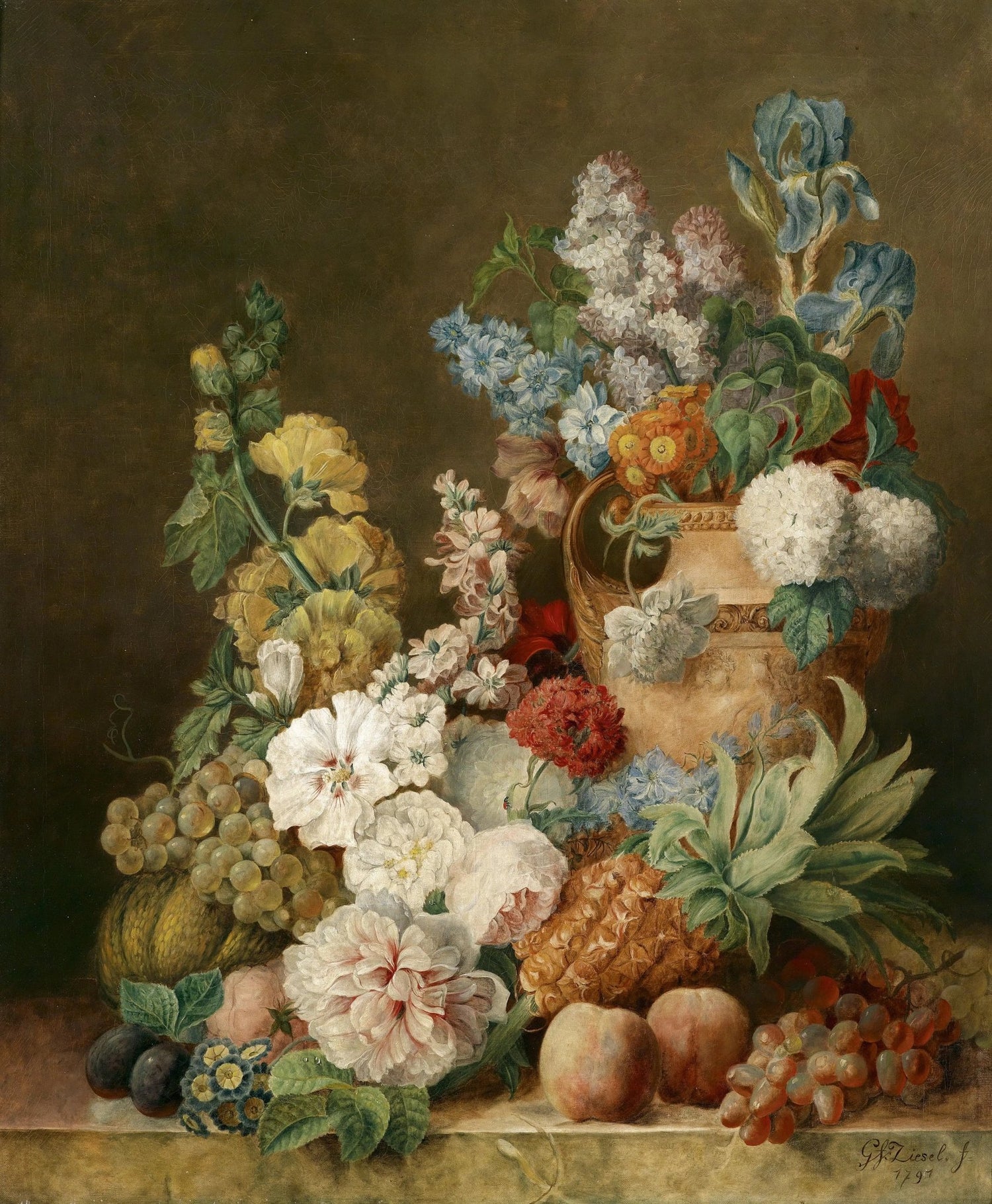 Floral Oil Painting - Bouquet with Fruits and Pineapple - Oil Painting Haven