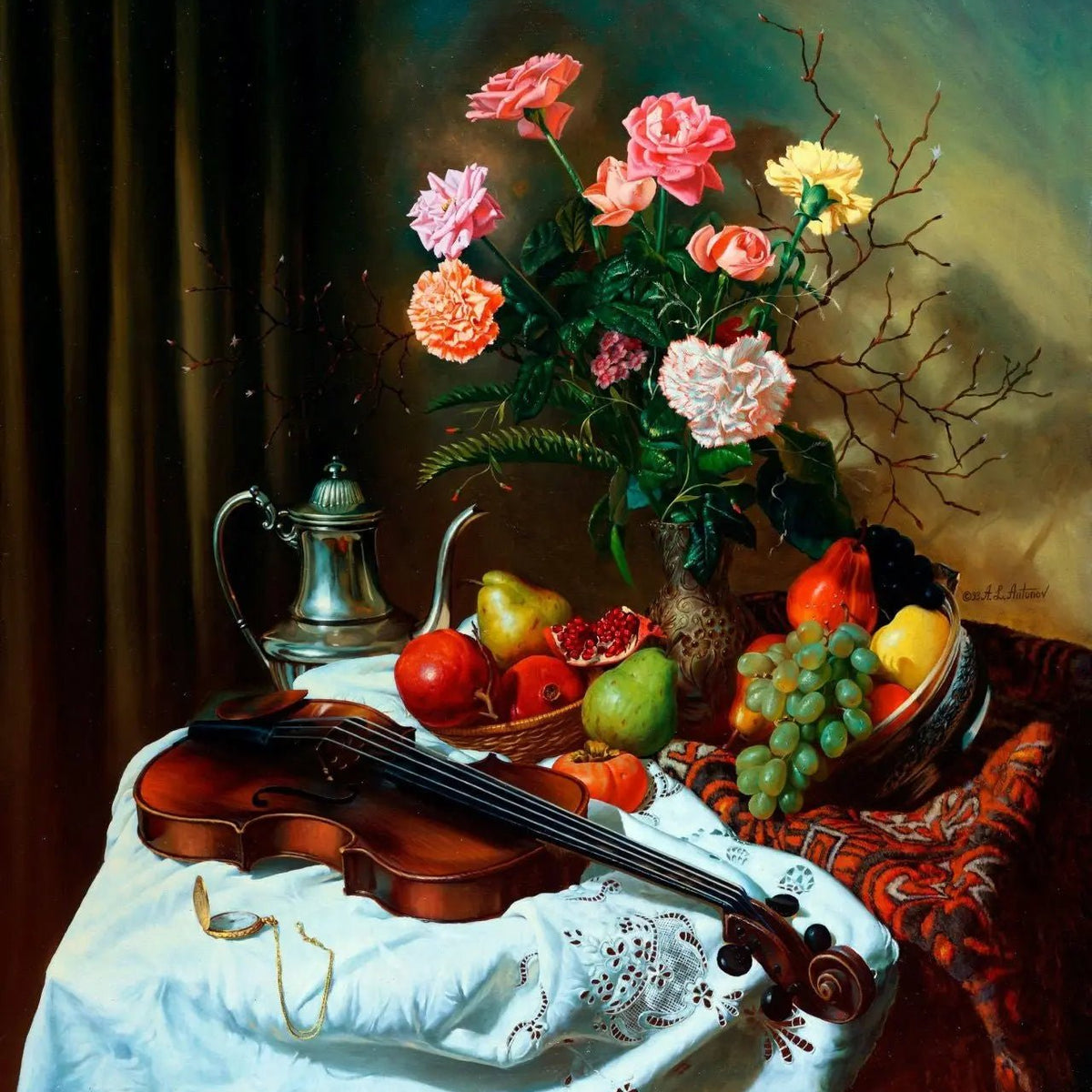 Floral Oil Painting - Bouquet with Fruits and Violin - Oil Painting Haven
