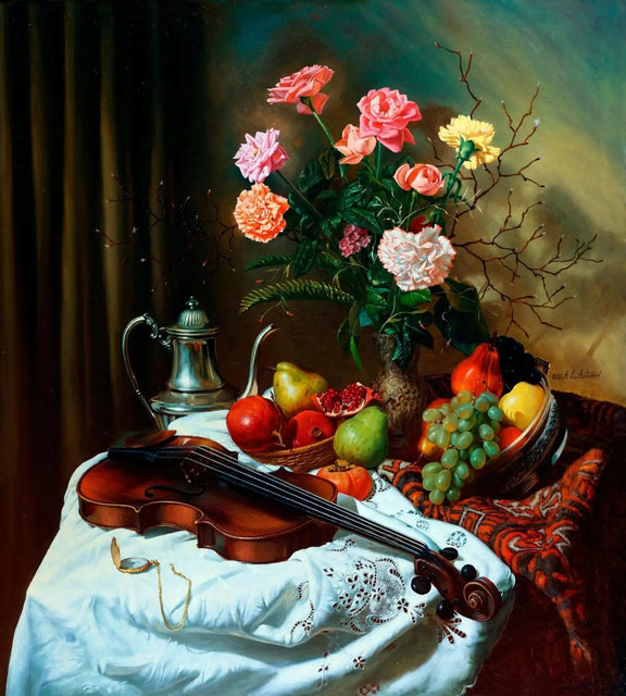 Floral Oil Painting - Bouquet with Fruits and Violin - Oil Painting Haven