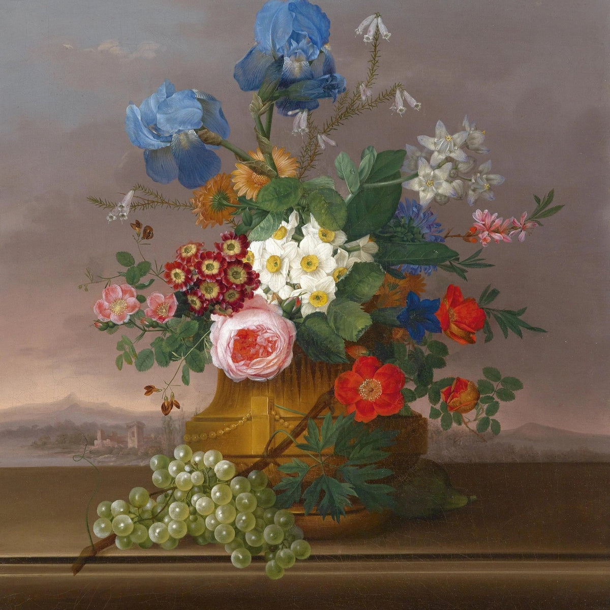 Floral Oil Painting - Bouquet with Grapes and Scenic View - Oil Painting Haven