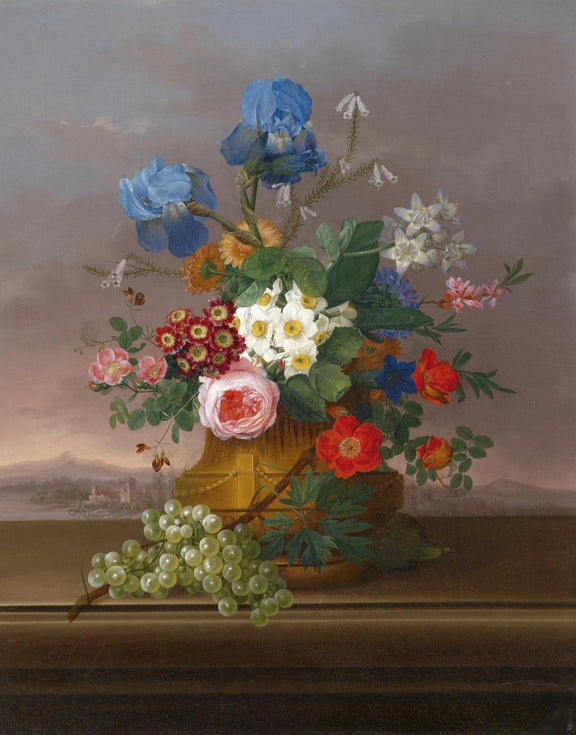 Floral Oil Painting - Bouquet with Grapes and Scenic View - Oil Painting Haven