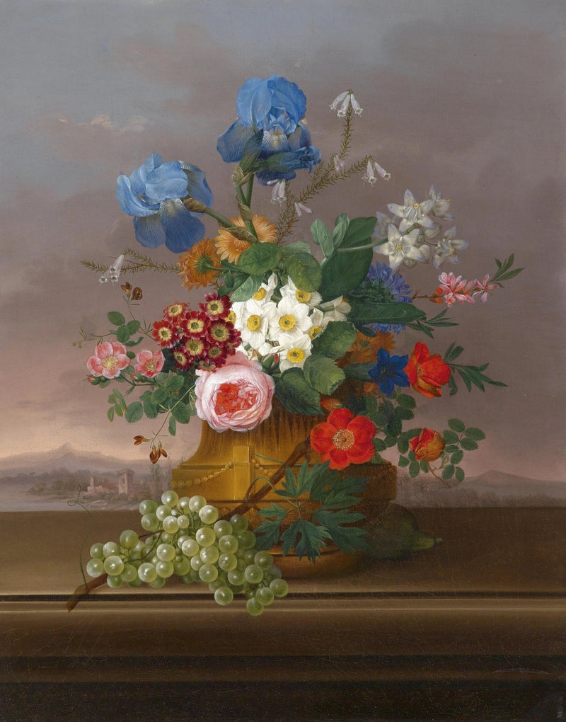 Floral Oil Painting - Bouquet with Grapes and Scenic View - Oil Painting Haven