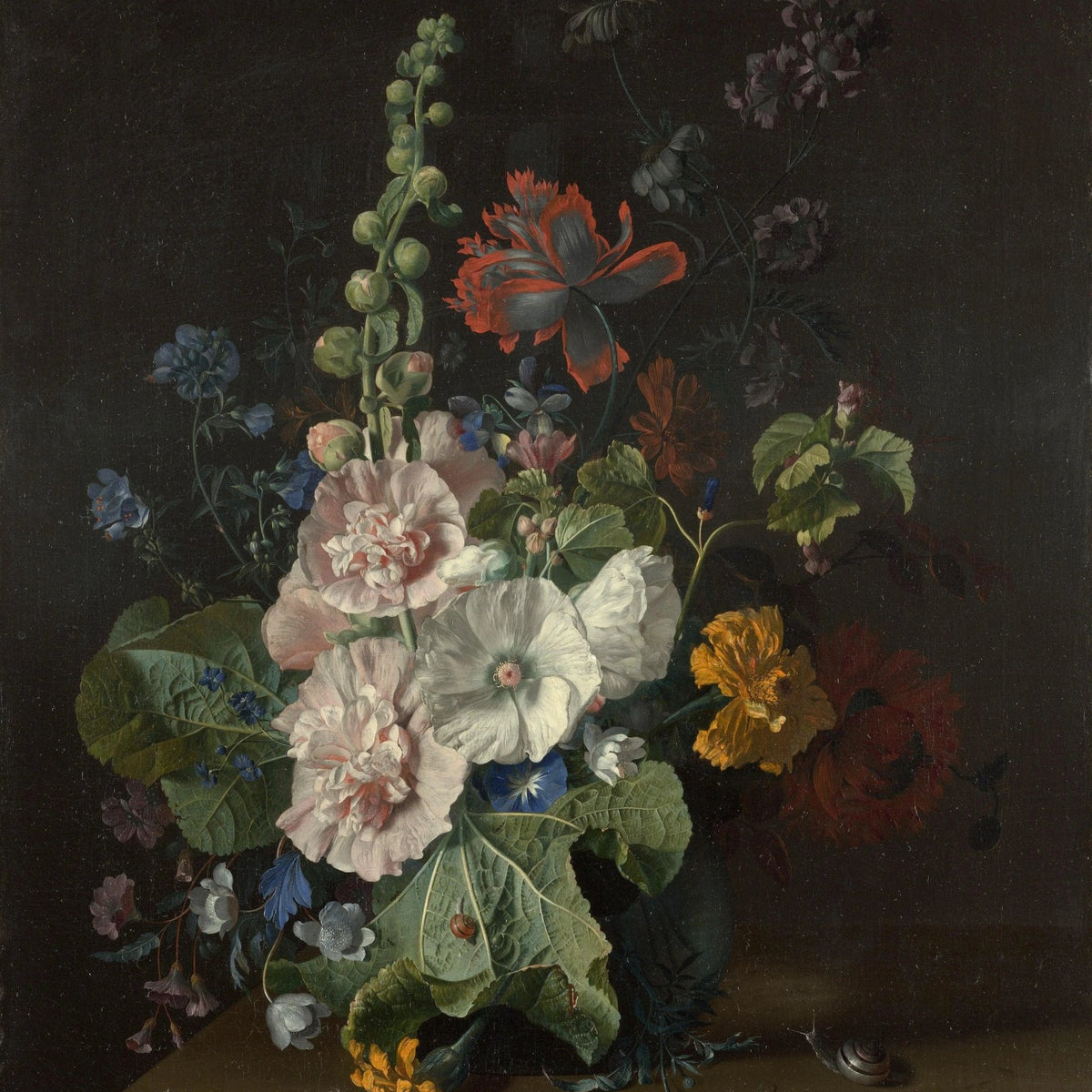 Floral Oil Painting - Bouquet with Hollyhocks and Snails - Oil Painting Haven