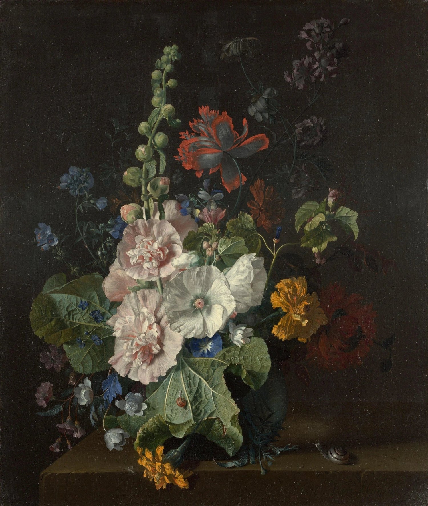 Floral Oil Painting - Bouquet with Hollyhocks and Snails - Oil Painting Haven