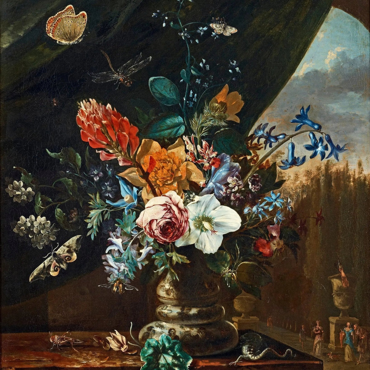 Floral Oil Painting - Bouquet with Insects and Scenic View - Oil Painting Haven