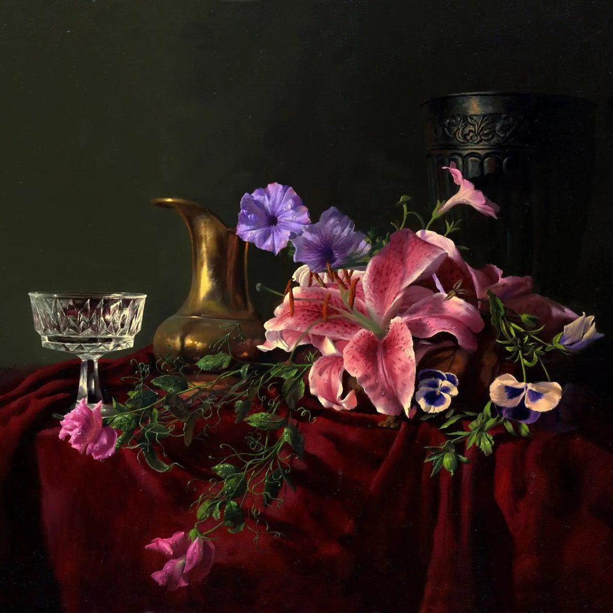 Floral Oil Painting - Bouquet with Lily and Glassware - Oil Painting Haven