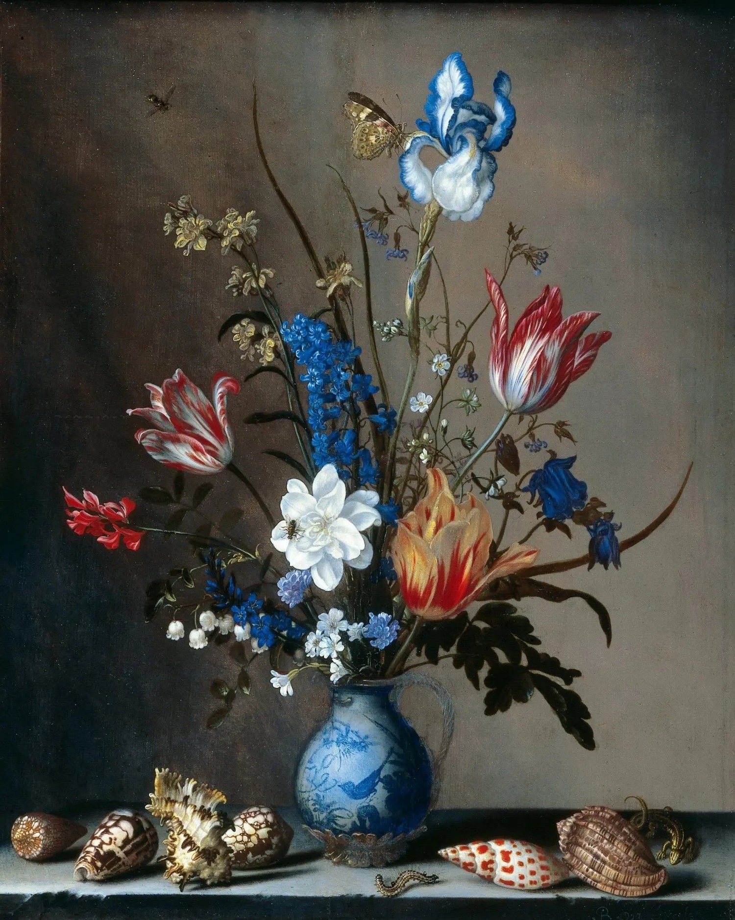 Floral Oil Painting - Bouquet with Shells and Butterfly - Oil Painting Haven