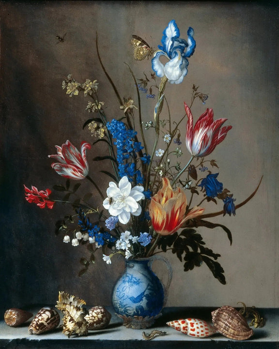 Floral Oil Painting - Bouquet with Shells and Butterfly - Oil Painting Haven