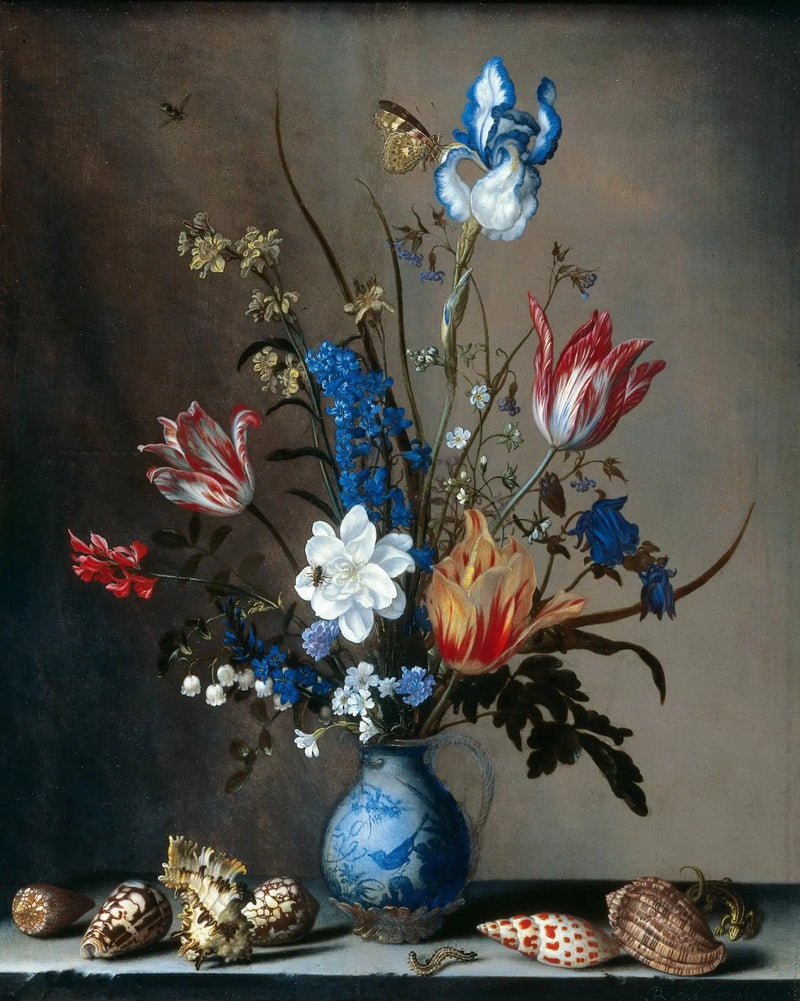 Floral Oil Painting - Bouquet with Shells and Butterfly - Oil Painting Haven