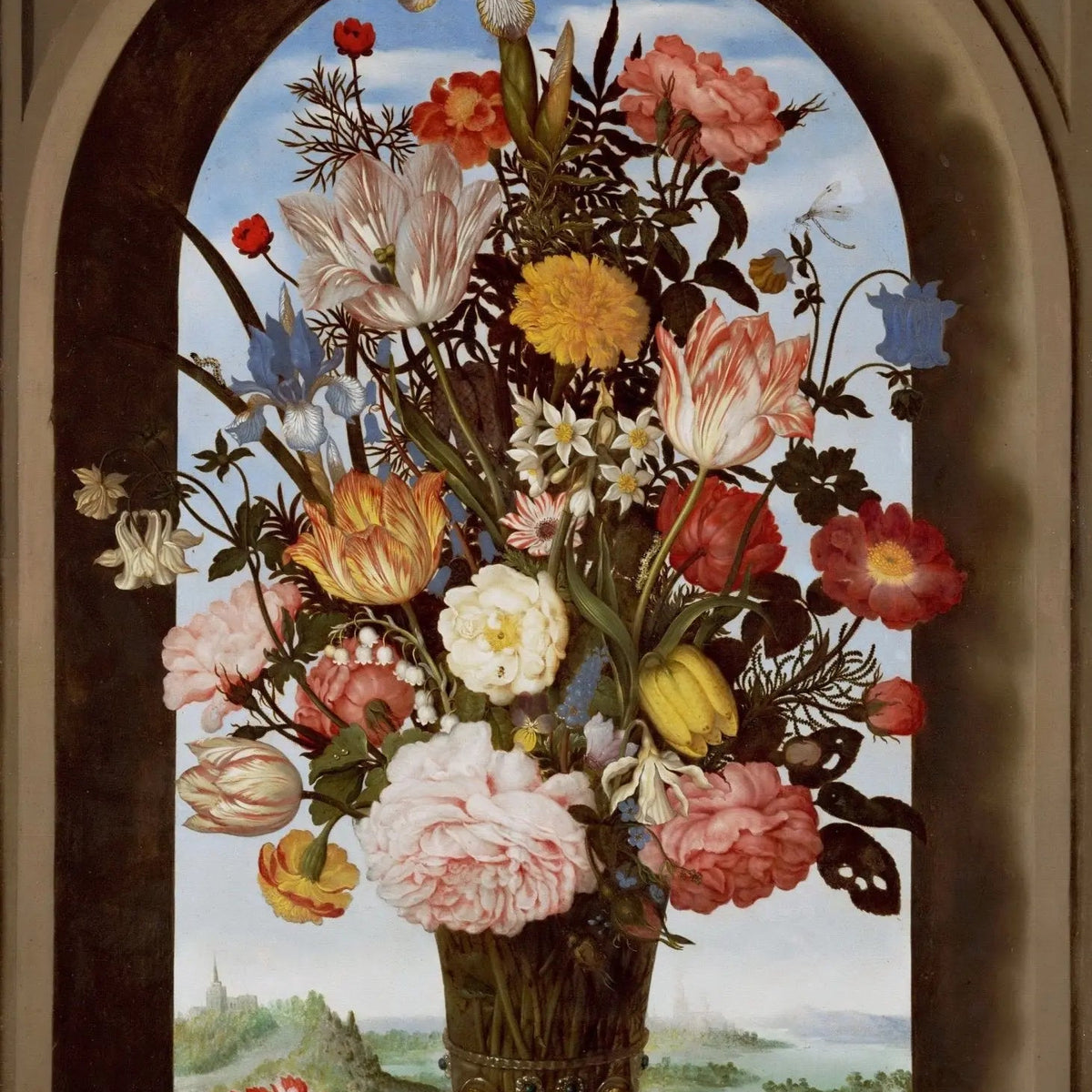 Floral Oil Painting - Bouquet with Shells and Landscape View - Oil Painting Haven