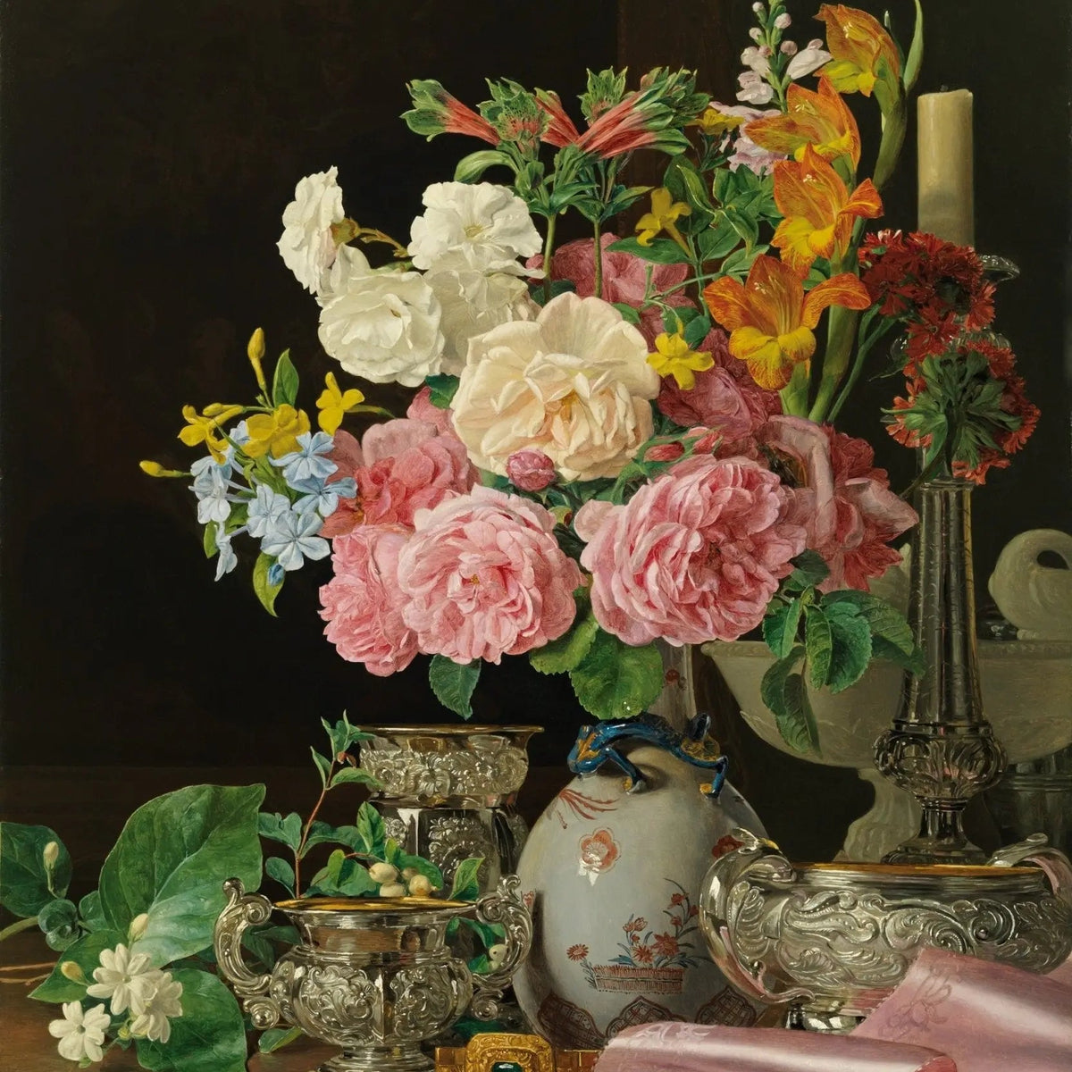 Floral Oil Painting - Bouquet with Silverware and Silk - Oil Painting Haven