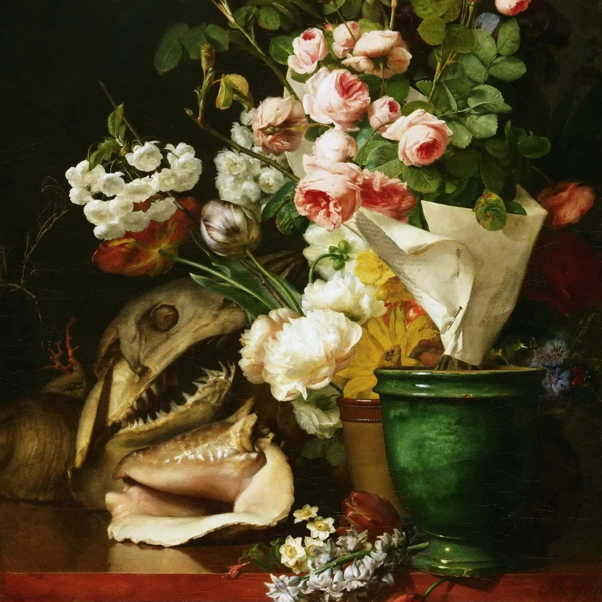 Floral Oil Painting - Bouquet with Skull, Shells, and Flowers - Oil Painting Haven