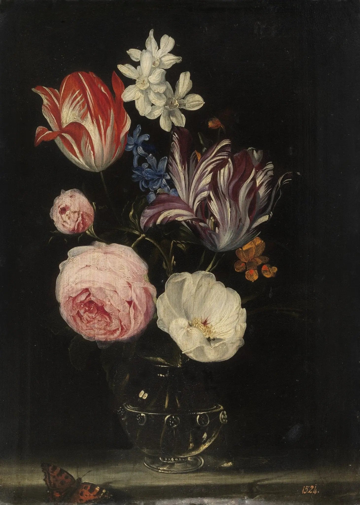 Floral Oil Painting - Bouquet with Tulips, Roses, and Butterfly - Oil Painting Haven