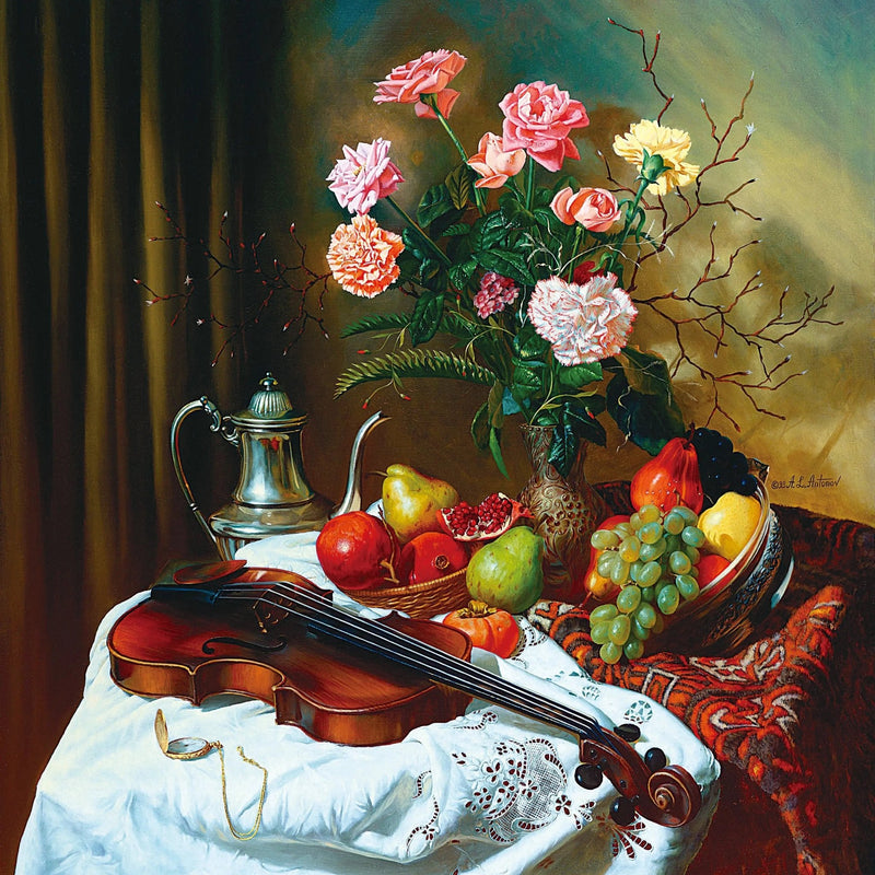 Floral Oil Painting - Bouquet with Violin and Fruits - Oil Painting Haven