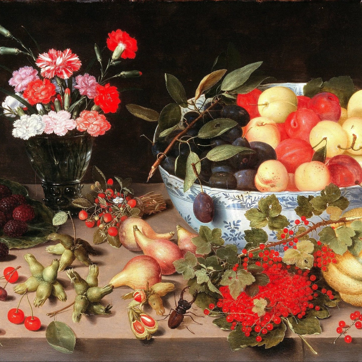Floral Oil Painting - Carnations with Fruits and Tableware - Oil Painting Haven
