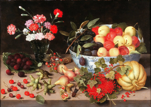 Floral Oil Painting - Carnations with Fruits and Tableware - Oil Painting Haven