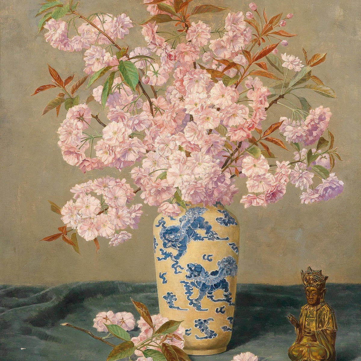 Floral Oil Painting - Cherry Blossom Still Life in Porcelain Vase - Oil Painting Haven