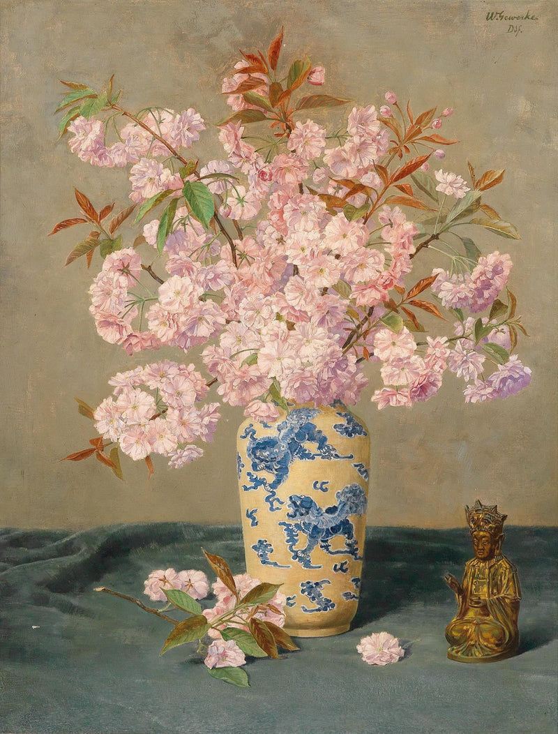Floral Oil Painting - Cherry Blossom Still Life in Porcelain Vase - Oil Painting Haven