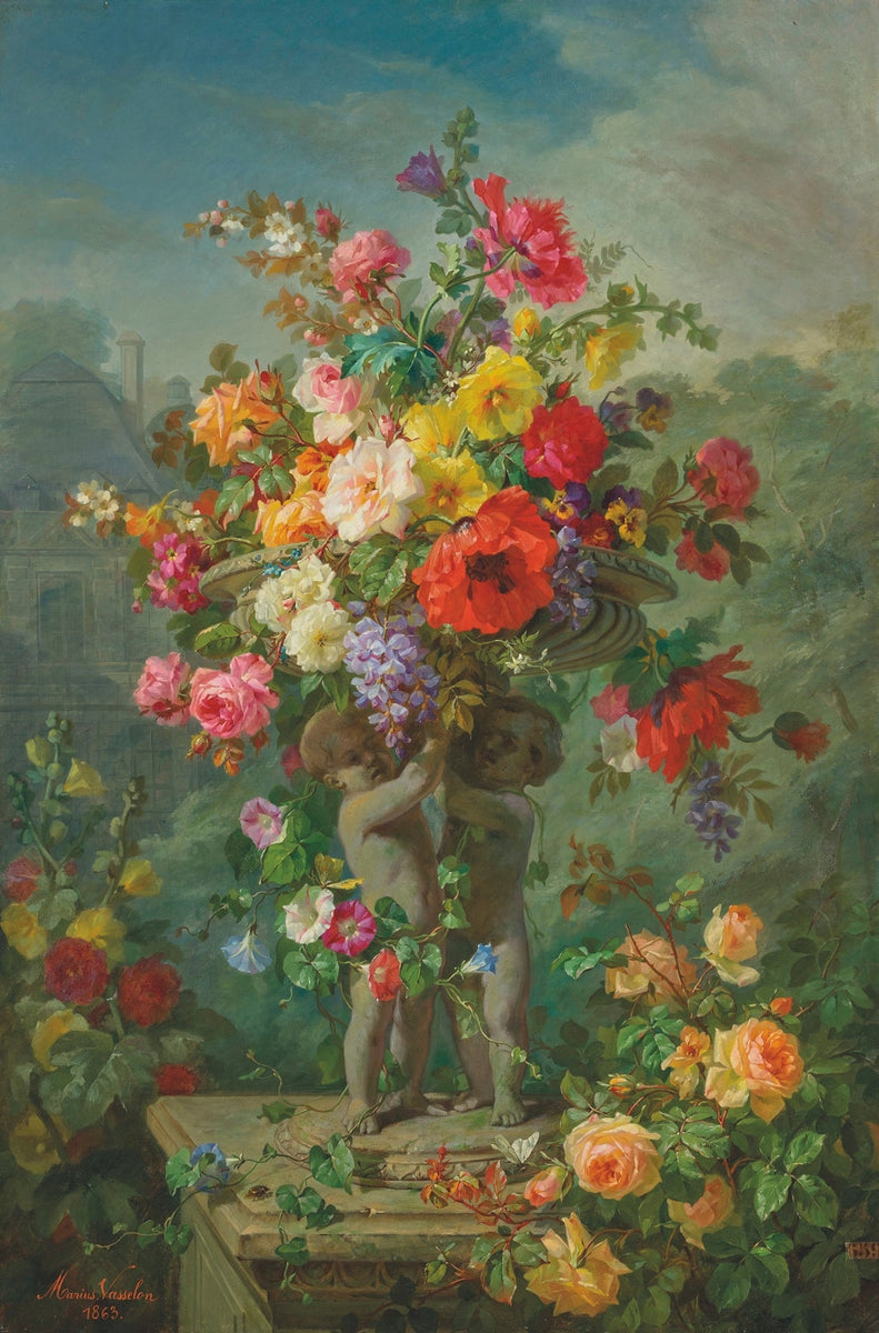 Floral Oil Painting - Cherub Garden Bouquet Hand - Painted Canvas - Oil Painting Haven