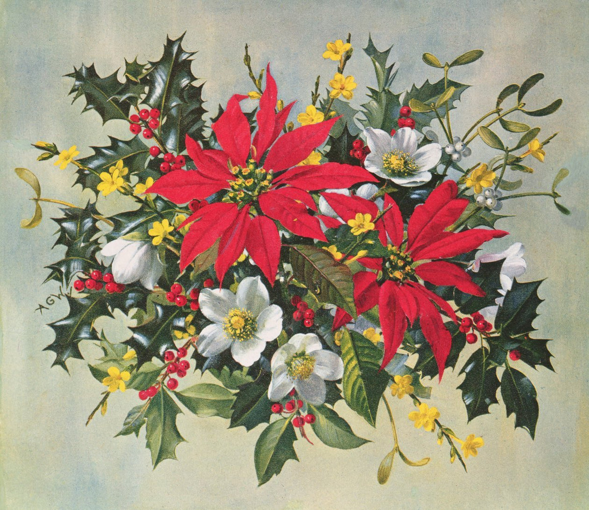 Floral Oil Painting - Christmas Poinsettias and Holly