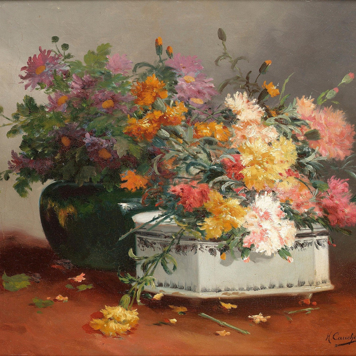 Floral Oil Painting - Chrysanthemum Bouquet in Ceramic Vase - Oil Painting Haven