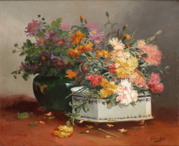 Floral Oil Painting - Chrysanthemum Bouquet in Ceramic Vase - Oil Painting Haven