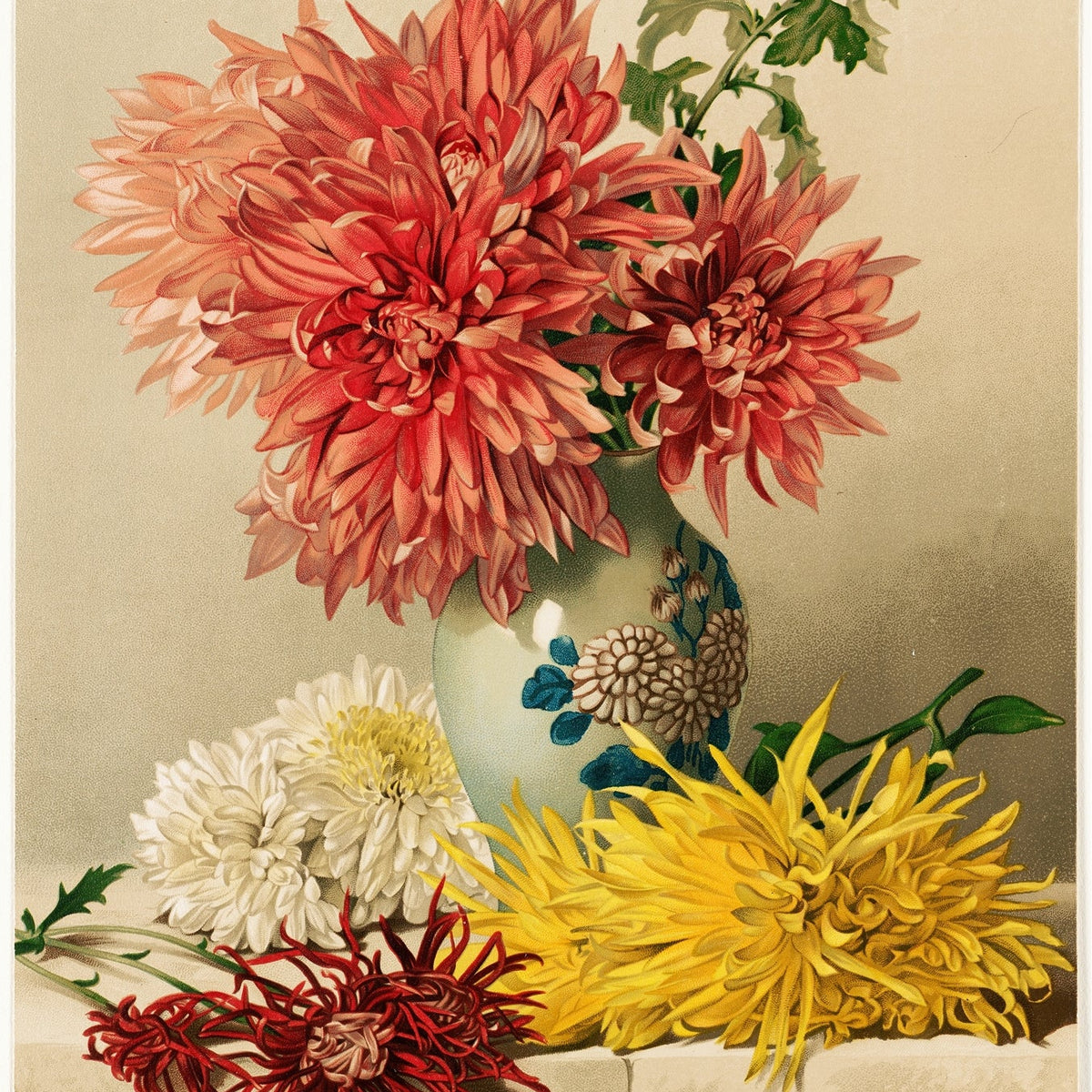 Floral Oil Painting - Chrysanthemums in Porcelain Vase Still Life - Oil Painting Haven