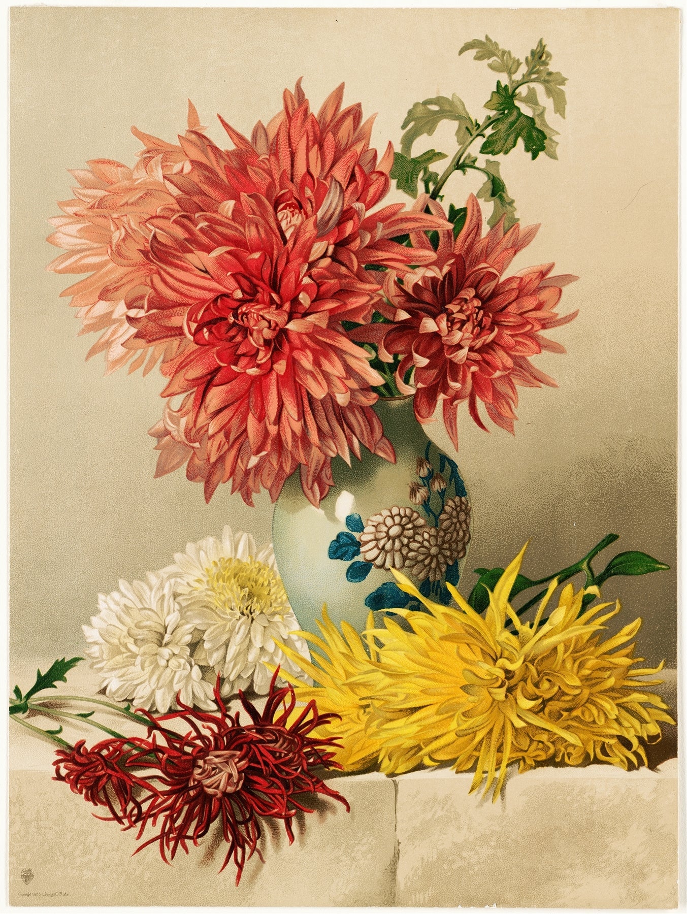 Floral Oil Painting - Chrysanthemums in Porcelain Vase Still Life - Oil Painting Haven