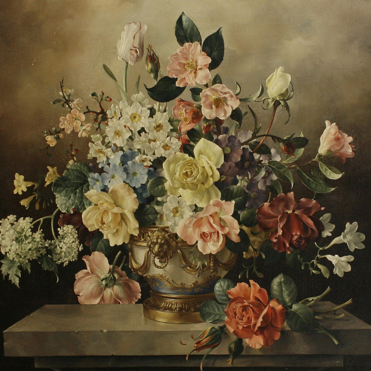 Floral Oil Painting - Classic Roses in Ornate Vase Still Life - Oil Painting Haven
