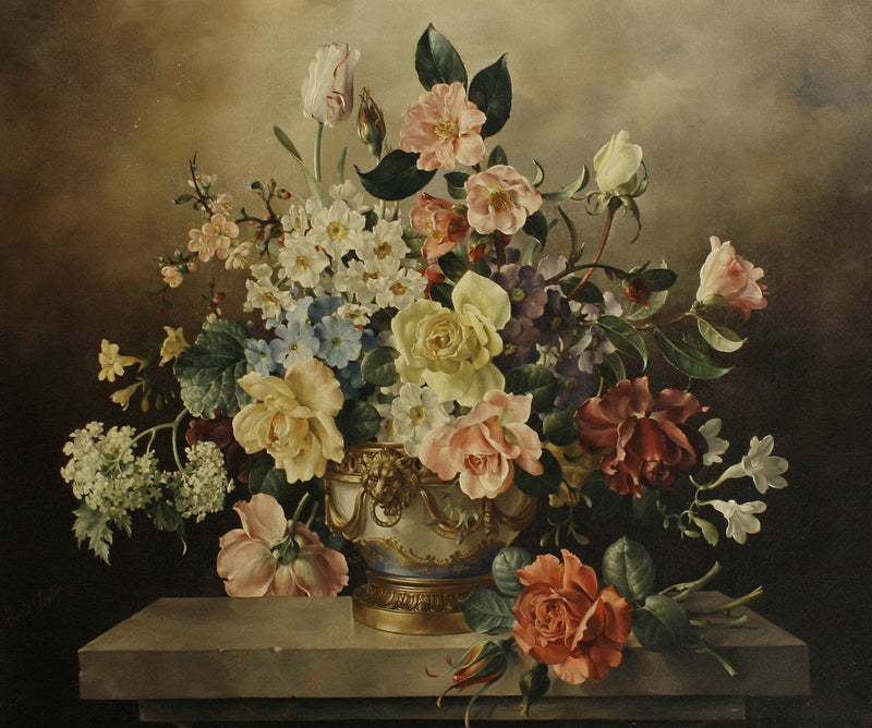 Floral Oil Painting - Classic Roses in Ornate Vase Still Life - Oil Painting Haven