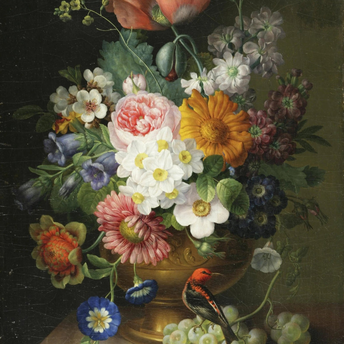 Floral Oil Painting - Colorful Blooms with Bird and Grapes - Oil Painting Haven