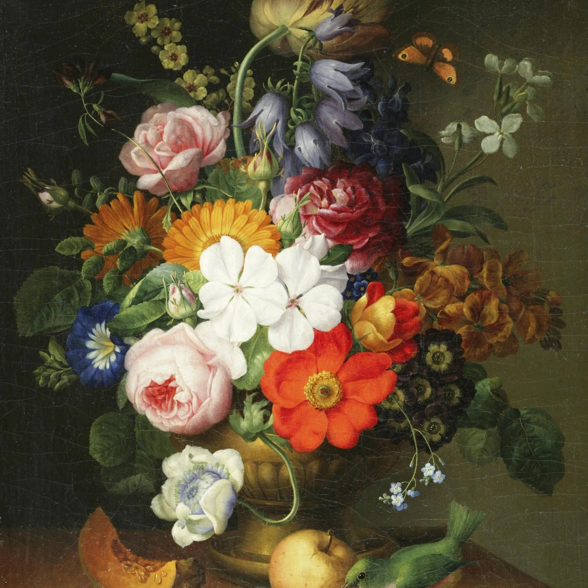 Floral Oil Painting - Colorful Blooms with Fruit and Bird - Oil Painting Haven