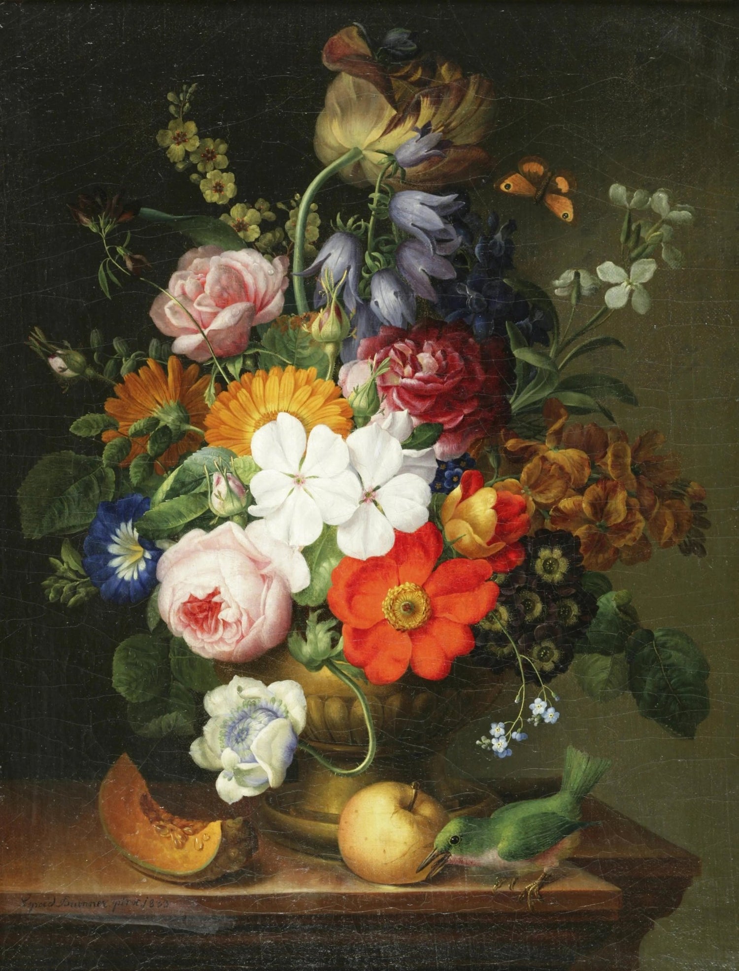 Floral Oil Painting - Colorful Blooms with Fruit and Bird - Oil Painting Haven