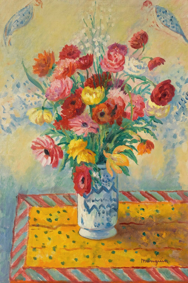 Floral Oil Painting - Colorful Bouquet in Blue Vase, Yellow Cloth
