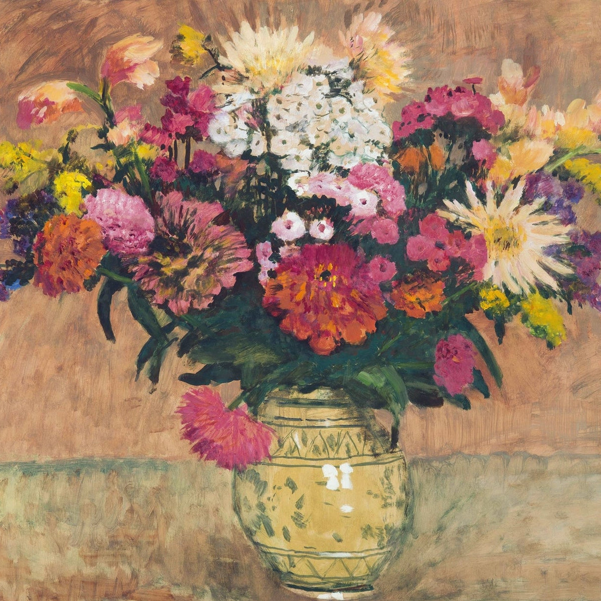Floral Oil Painting - Colorful Bouquet in Yellow Vase Still Life - Oil Painting Haven