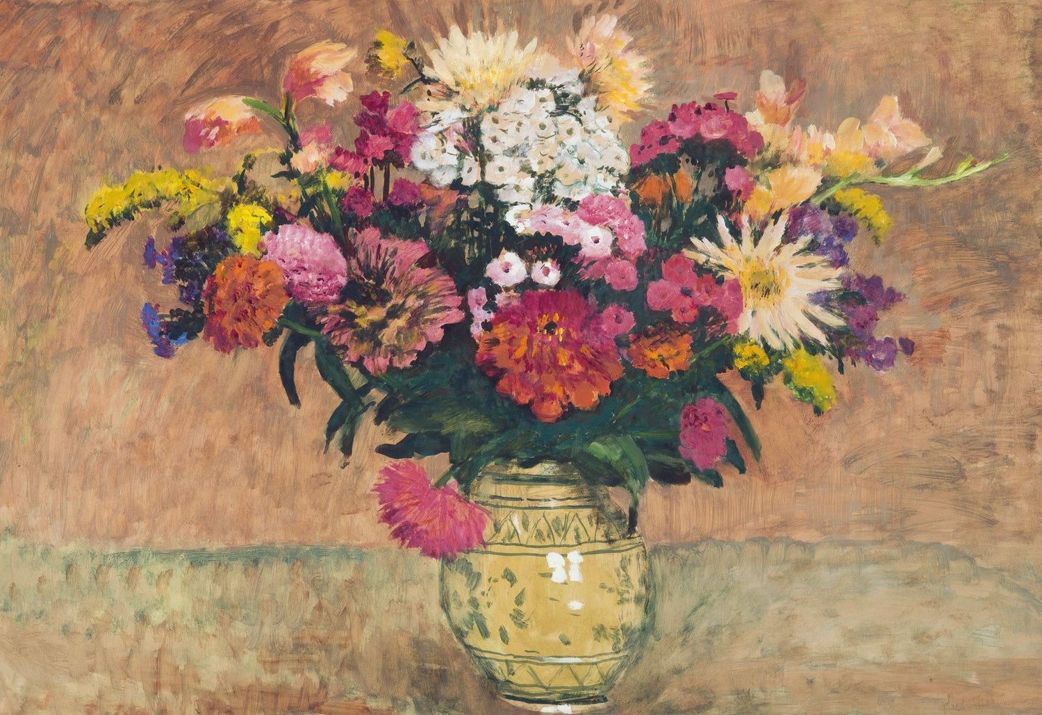 Floral Oil Painting - Colorful Bouquet in Yellow Vase Still Life - Oil Painting Haven