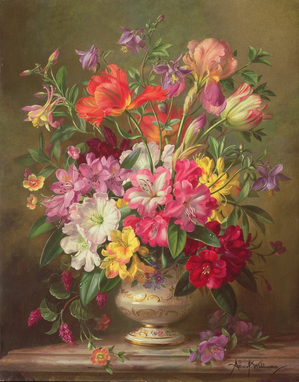 Floral Oil Painting - Colorful Garden Bouquet in Ornate Vase
