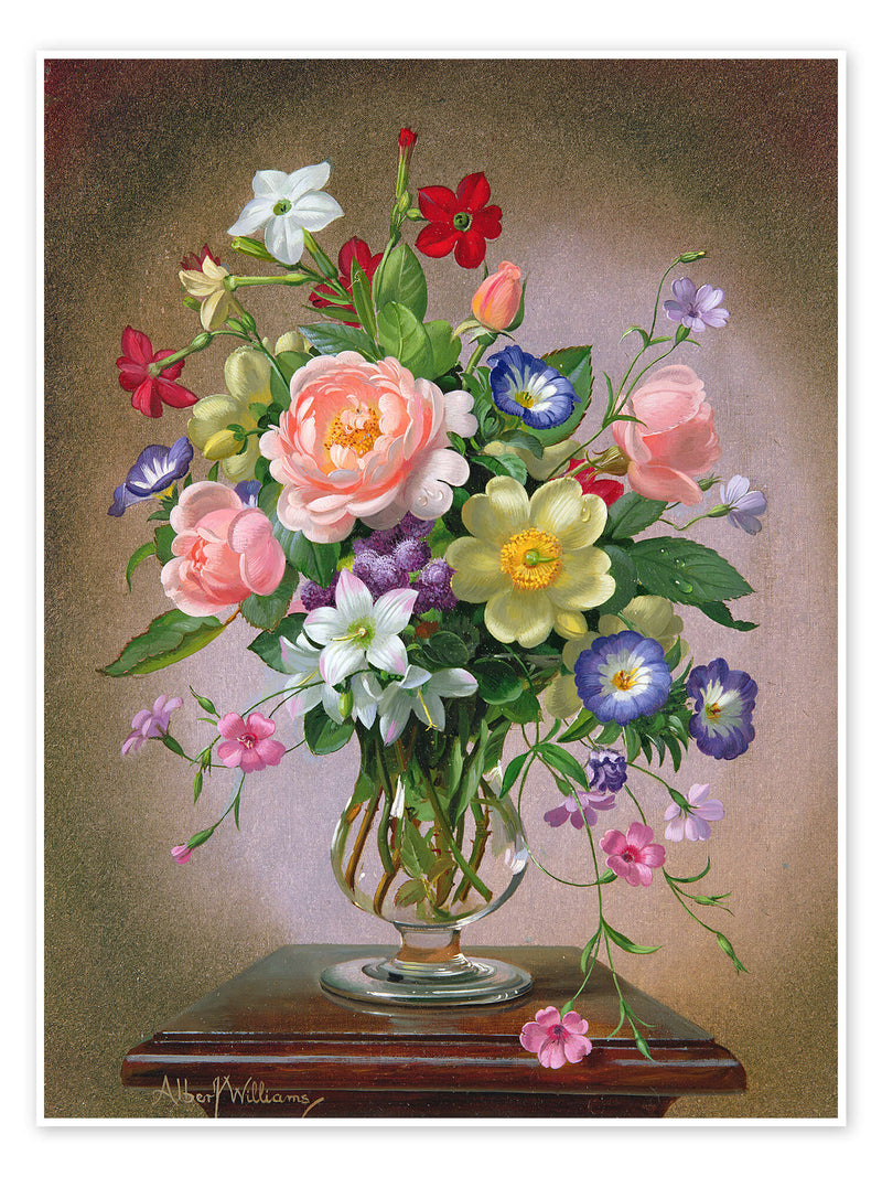 Floral Oil Painting - Colorful Mixed Garden Bouquet in Glass Vase