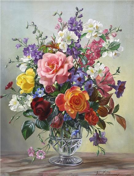 Floral Oil Painting - Colorful Roses and Wildflowers in Crystal Vase