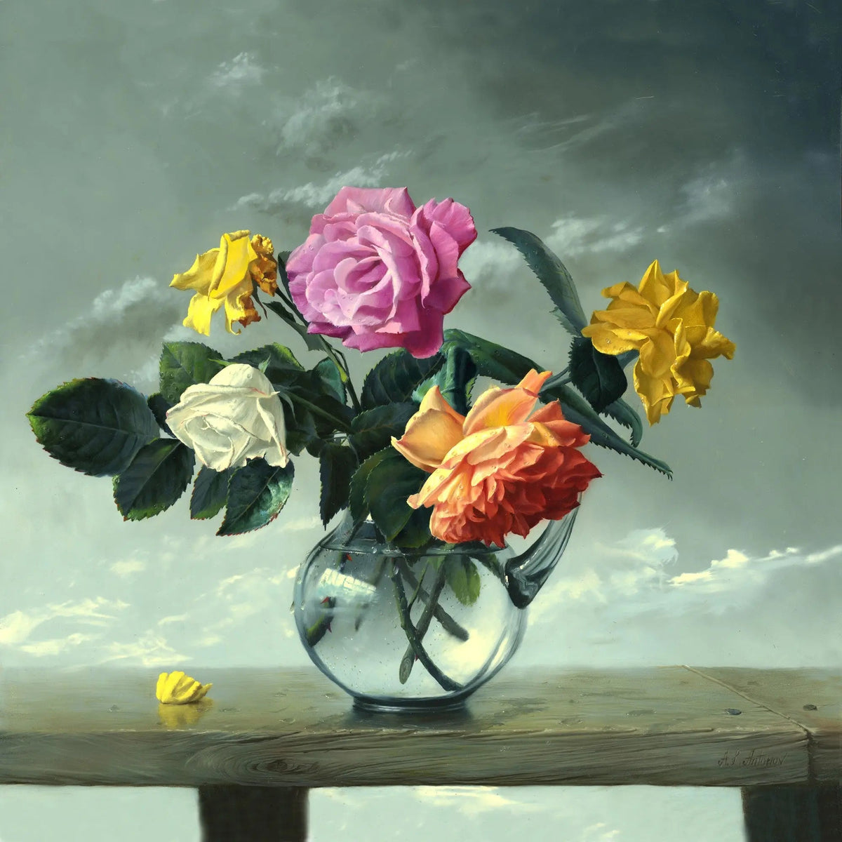 Floral Oil Painting - Colorful Roses in Glass Pitcher - Oil Painting Haven