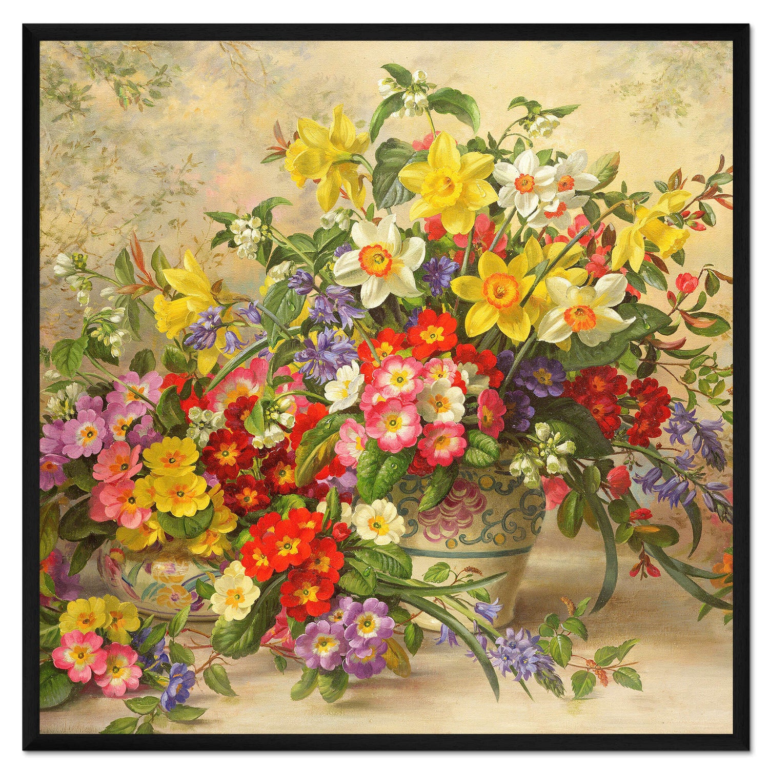Floral Oil Painting - Daffodils and Primroses in Decorative Bowls