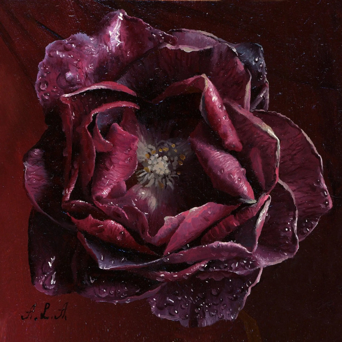 Floral Oil Painting - Dark Red Rose with Dew Drops - Oil Painting Haven