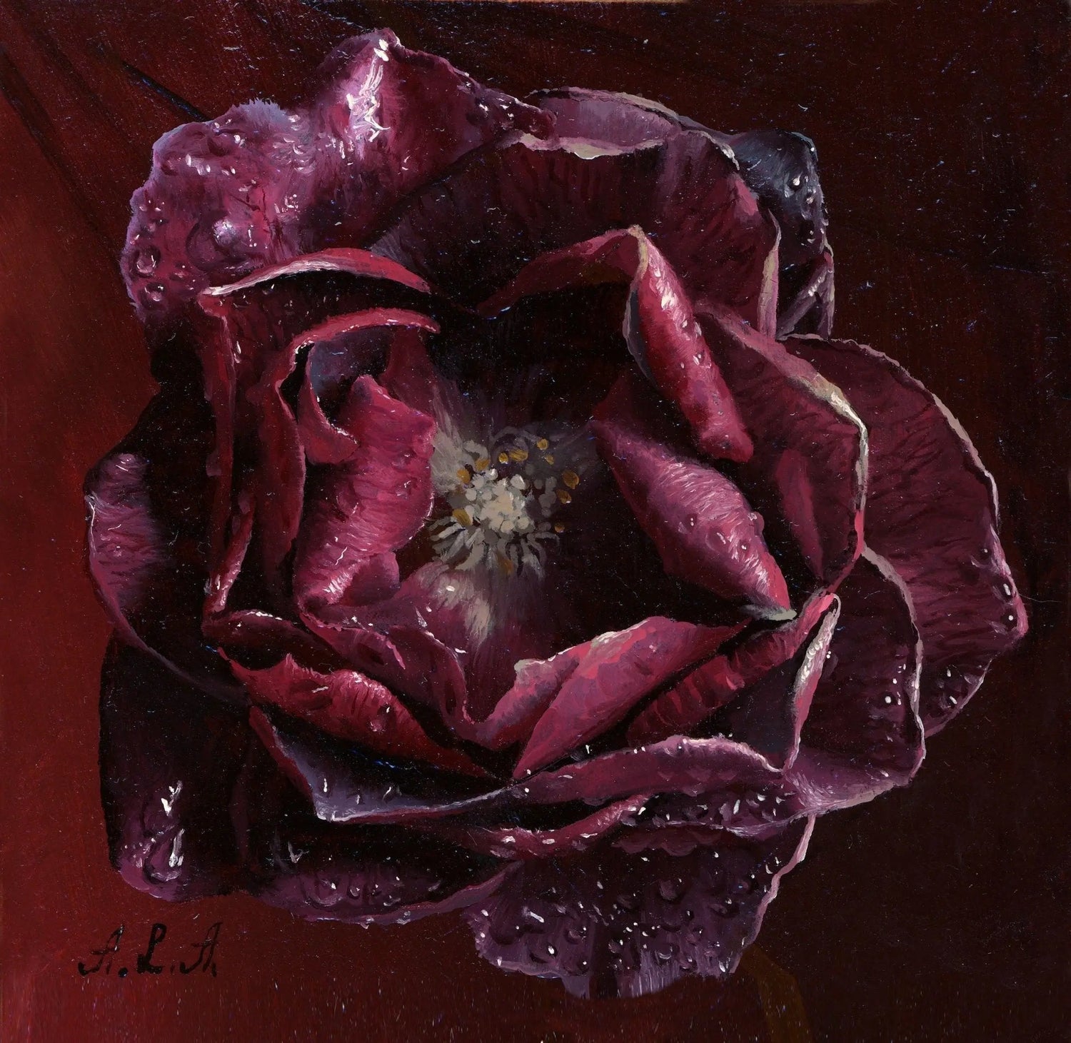 Floral Oil Painting - Dark Red Rose with Dew Drops - Oil Painting Haven