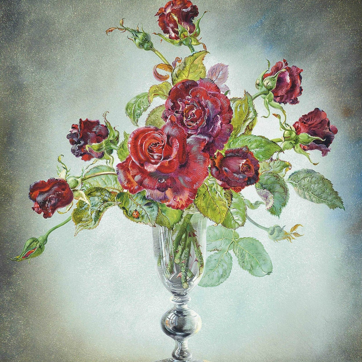 Floral Oil Painting - Deep Red Roses in Glass Vase Still Life - Oil Painting Haven