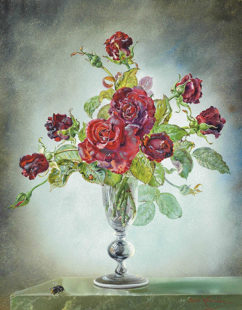 Floral Oil Painting - Deep Red Roses in Glass Vase Still Life - Oil Painting Haven