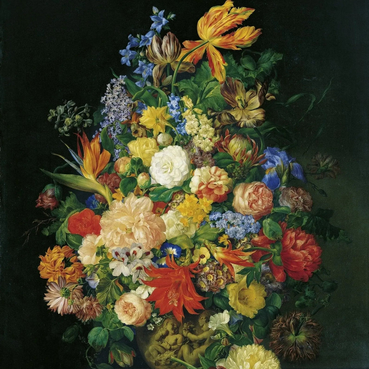 Floral Oil Painting - Detailed Bouquet in Ornate Vase Wall Art - Oil Painting Haven