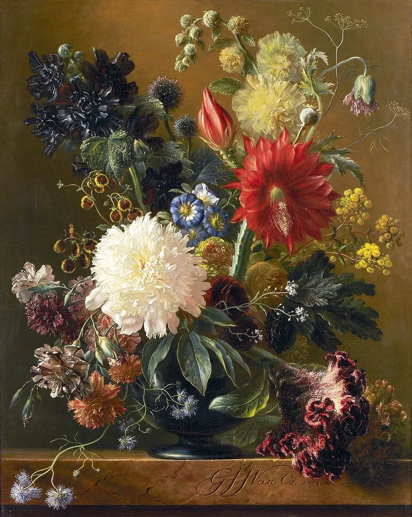 Floral Oil Painting - Dramatic Dahlia and Chrysanthemum Vase