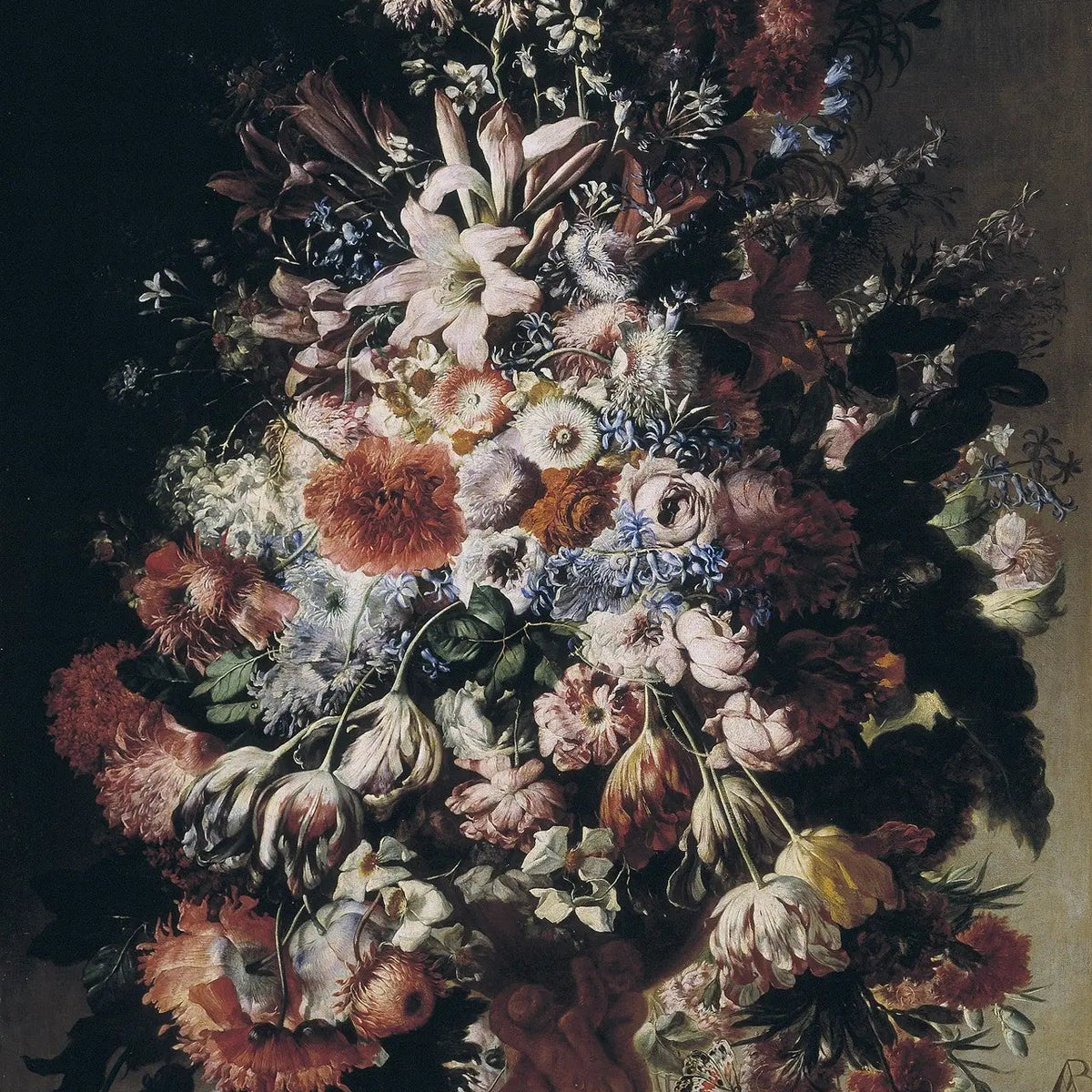 Floral Oil Painting - Elaborate Bouquet with Cherub Vase - Oil Painting Haven