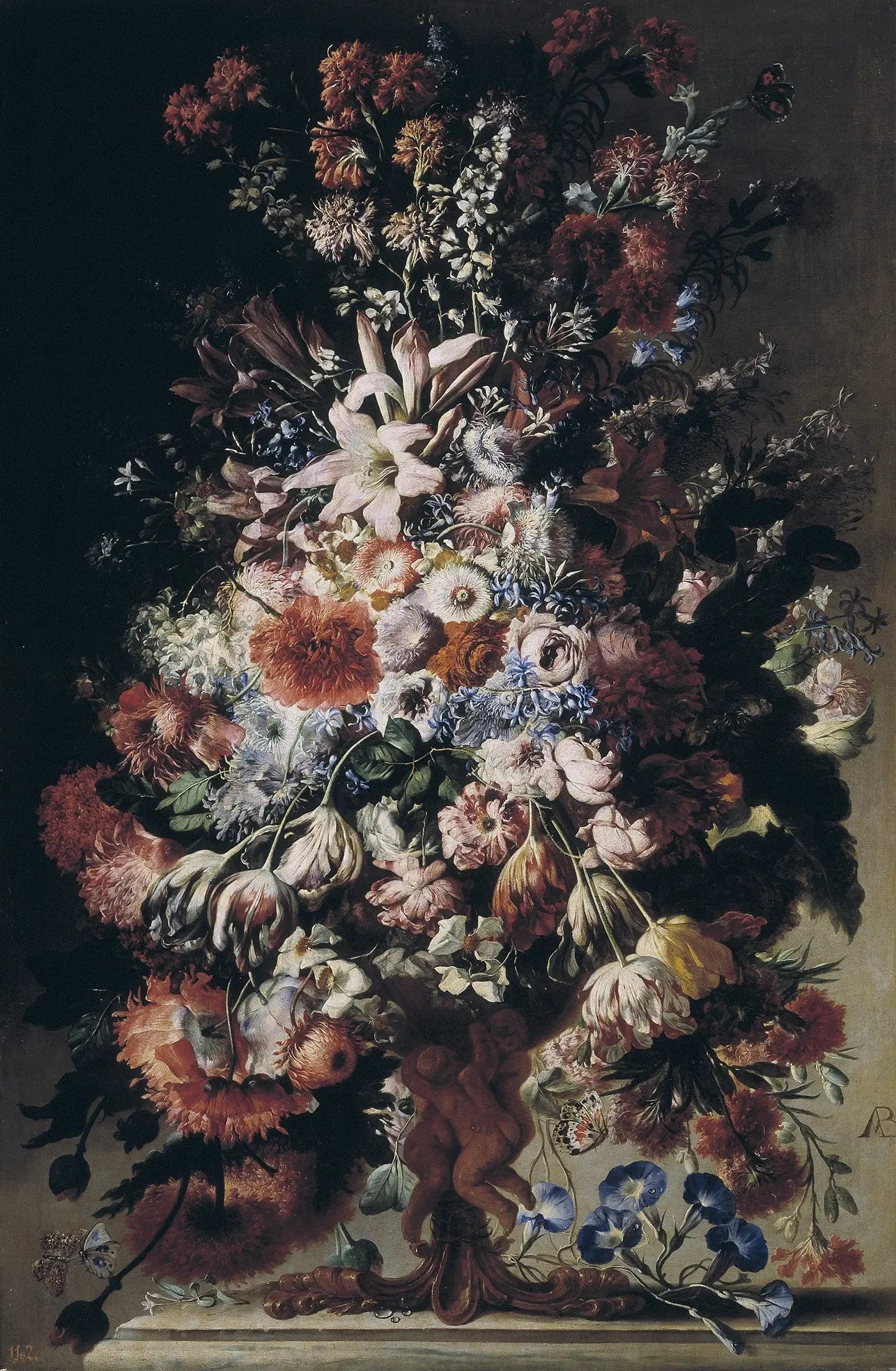 Floral Oil Painting - Elaborate Bouquet with Cherub Vase - Oil Painting Haven