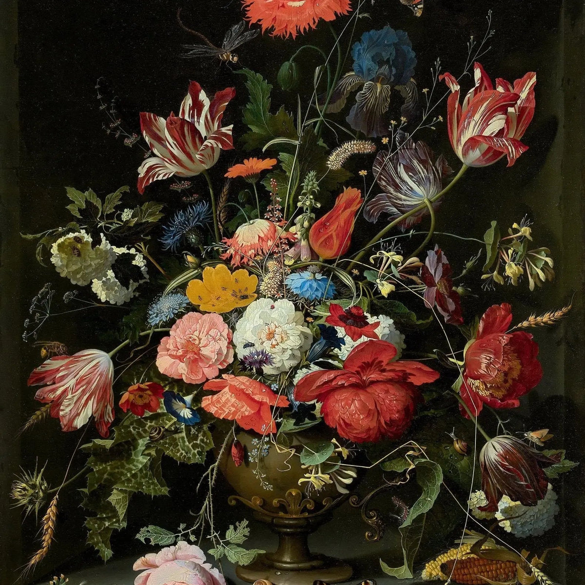 Floral Oil Painting - Elaborate Bouquet with Insects and Corn - Oil Painting Haven